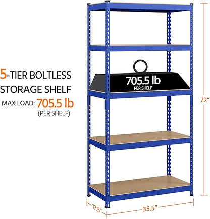 Yaheetech Storage Shelves 5 Tier Garage Shelving Heavy Duty Garage Shelves Adjustable Metal Shelving Unit Utility Rack Industrial Shelving for Warehouse Pantry Closet, 35.5″W × 17.5″D × 72″H, Blue