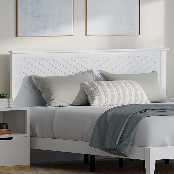 Serene Farmhouse Style Wood Bed in King Size with Chevron Scoring Headboard, Coastal Modern Design, Sturdy, Easy Assembly, Ample Underbed Storage, White Finish