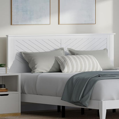 Serene Farmhouse Style Wood Bed in King Size with Chevron Scoring Headboard, Coastal Modern Design, Sturdy, Easy Assembly, Ample Underbed Storage, White Finish