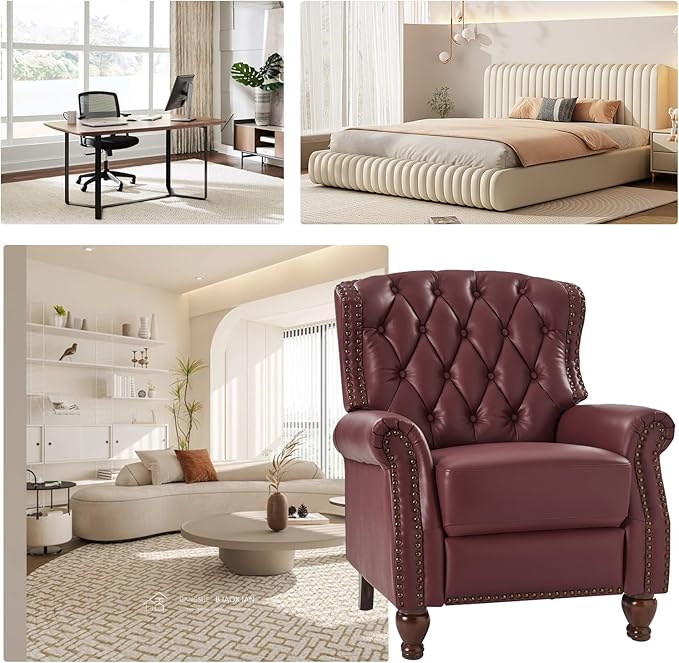 HULALA HOME Genuine Leather Recliner Chair with Solid Wood Feet, Modern Adjustable Tufted Push Back Arm Chair w/Rivet Decoration, Home Theater Seating Single Reclining Sofa for Living Room, Burgundy