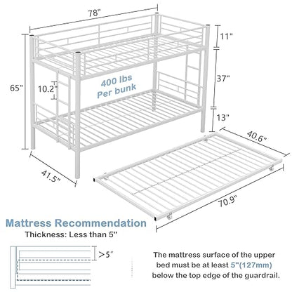 VECELO Twin Over Twin Bunk Bed with Trundle, Metal Bunkbeds with Ladder and Full-Length Guardrail, Noise Free, No Box Spring Needed, Off White