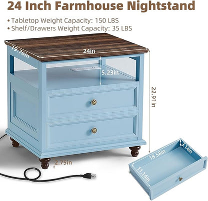Farmhouse Dresser and Nightstand Sets, Wood 54" Wide Dresser & 24" Night Stand with Charging Station, 2 Piece Bedroom Furniture Set, Chest of Drawers for Bedroom, Home, Living Room, Hallway