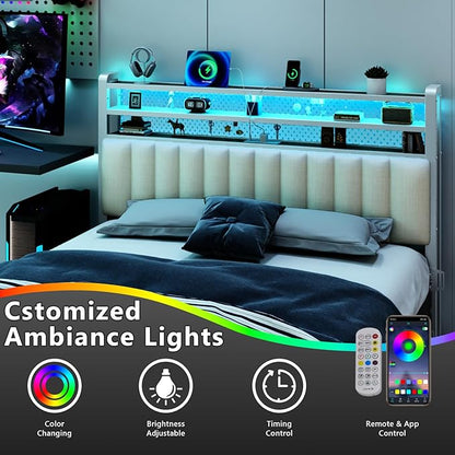 VINGLI Full Size Headboard Only, Adjustable Upholstered Headboard with 3 Tier Shelves and Pegboard with Charging Stations and LED Lights, Modern Bed Headboard with Storage for Bedroom Decor