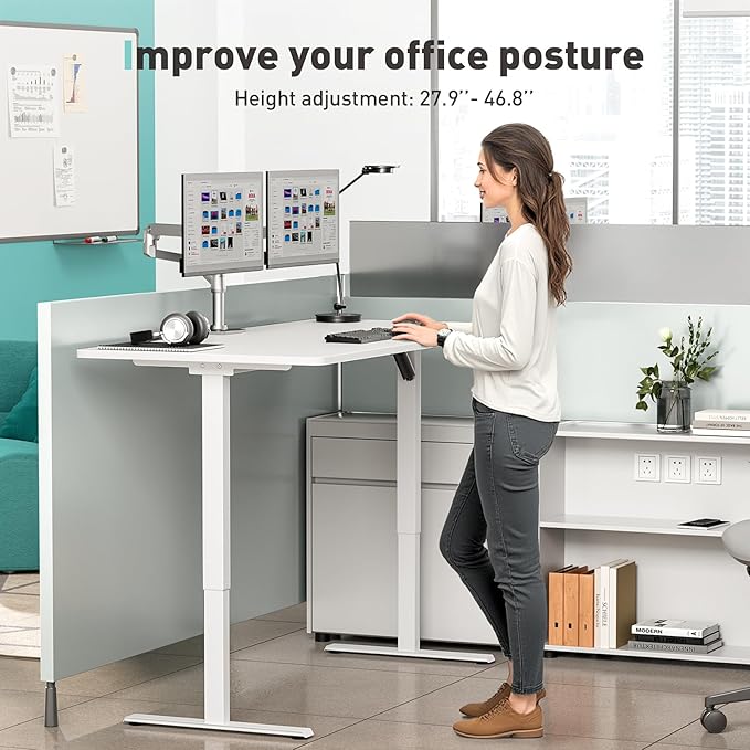 One-Piece Electric Standing Desk, 48 x 24 Inch Adjustable Height Sit to Stand Up Desk for Home Office, Work & Study, Black Frame & White Desktop (2 Packages)