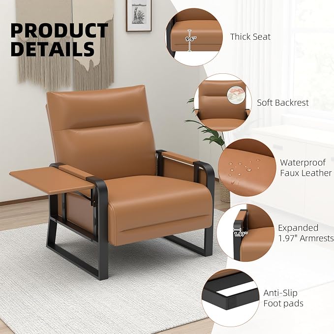 Upholstered Accent Chairs Set of 2, Modern Faux Leather Sofa Chairs with Foldable Side Tray Table & Storage Pocket, Small Accent Sofas for Living Room, Bedroom, Brown