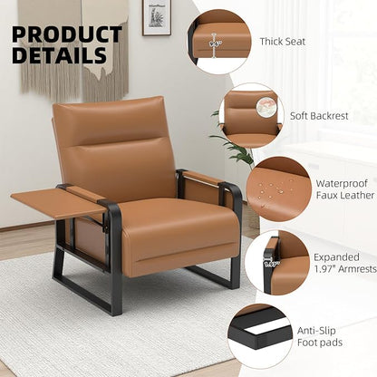 Upholstered Accent Chairs Set of 2, Modern Faux Leather Sofa Chairs with Foldable Side Tray Table & Storage Pocket, Small Accent Sofas for Living Room, Bedroom, Brown
