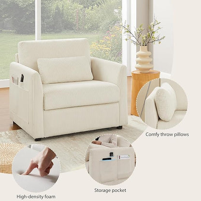 Modern Corduroy Accent Chairs, 38" W Comfy Armchair with Soft Pillows and Side Pockets, Single Reading Chairs for Living Room, Bedroom, Apartment, Beige