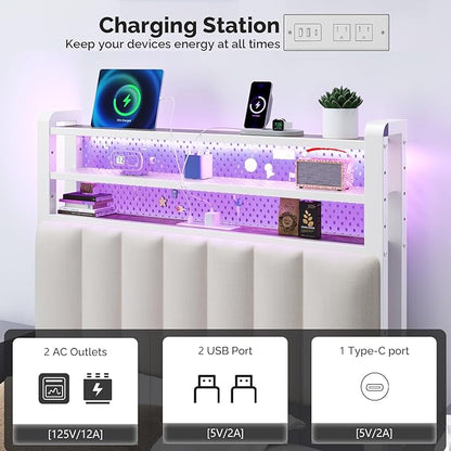 VINGLI Twin or Twin XL Size Headboard, Adjustable Upholstered Headboard with 3 Tier Shelves and Pegboard with Charging Stations and LED Lights, Modern Bed Headboard with Storage for Bedroom Decor