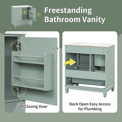 Bathroom Vanity with Ceramic Sink 30 inch, Multi-Functional Storage Cabinet with Drawers and Door Shelf, Solid Wood Frame, Soft-Closing Door, Light Green