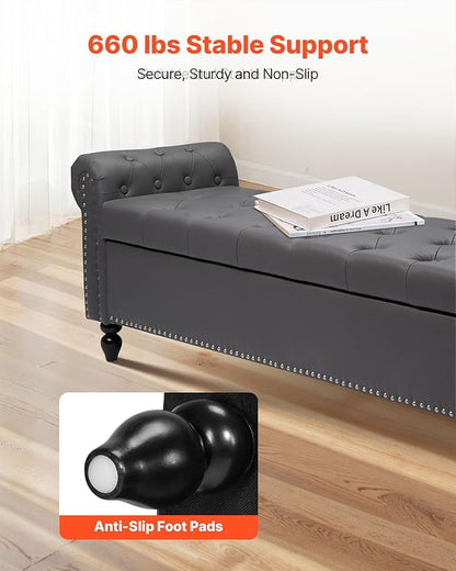 VEVOR Button-Tufted Storage Ottoman Bench, Rolled Arm PU Leather Bench with Solid Wood Legs, Modern Shoe Benches Seat for Entryway, Upholstered End of Bed Benches for Living Room, Dining Room, Gray