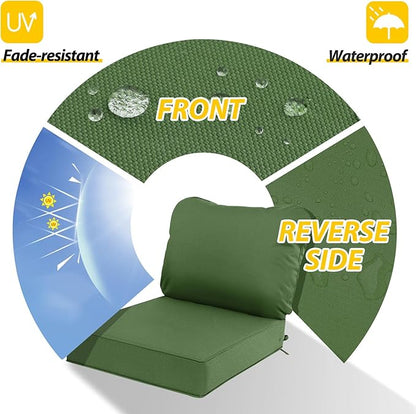 AAAAAcessories Outdoor Deep Seat Cushions, Waterproof, Fade-Resistant Patio Furniture Replacement Cushions, 25.5" x 25.5" x 5" + 25.5" x 19", Dark Moss Green