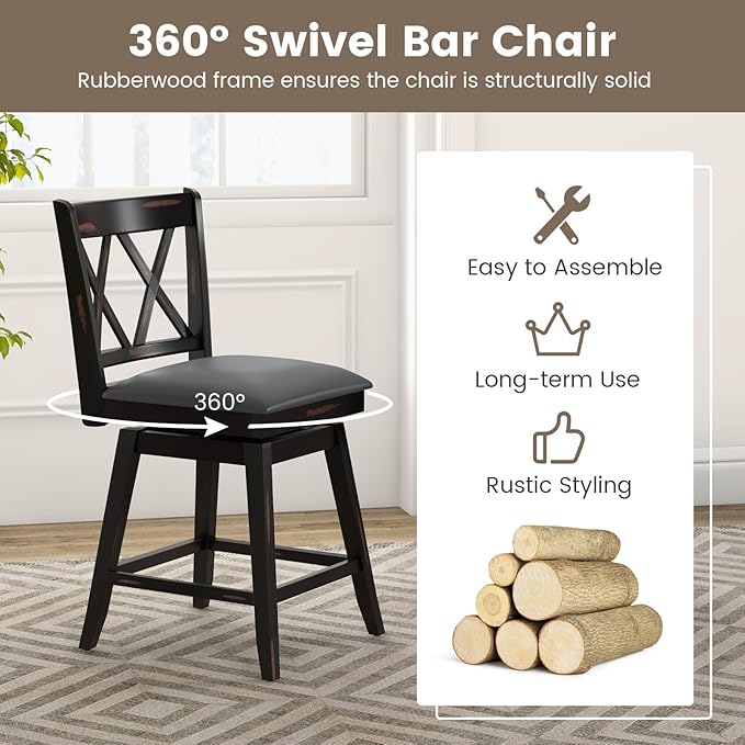 COSTWAY Bar Stool Set of 4 for Kitchen Island, 25" Counter Height Chair with Ergonomic Backrest, Foot Rest, Waterproof PVC Surface & Solid Wood Structure, 360°Swivel Farmhouse Barstool with Back