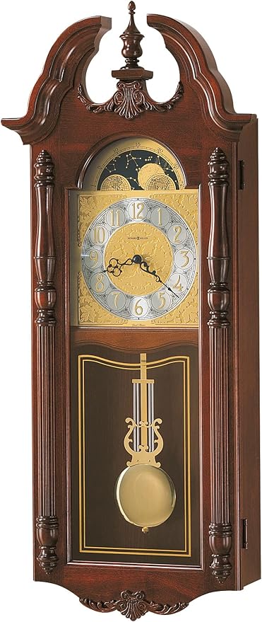 Howard Miller Rowland Wall Clock, Swan Neck Pediment with Wood Finish, Golden Pendulum with Analog Display & Arabic Numerals Dual-Chime Movement Perfect for Home Decor, Living Room & Office