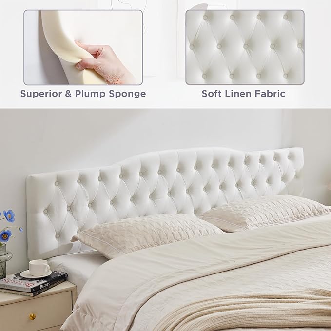 Upholstered Queen Headboard, Button Diamond Tufted Headboard with Adjustable Height and Solid Wood Leg, Velvet Padded Headboards for Queen Size Bed, Modern Head Board, White