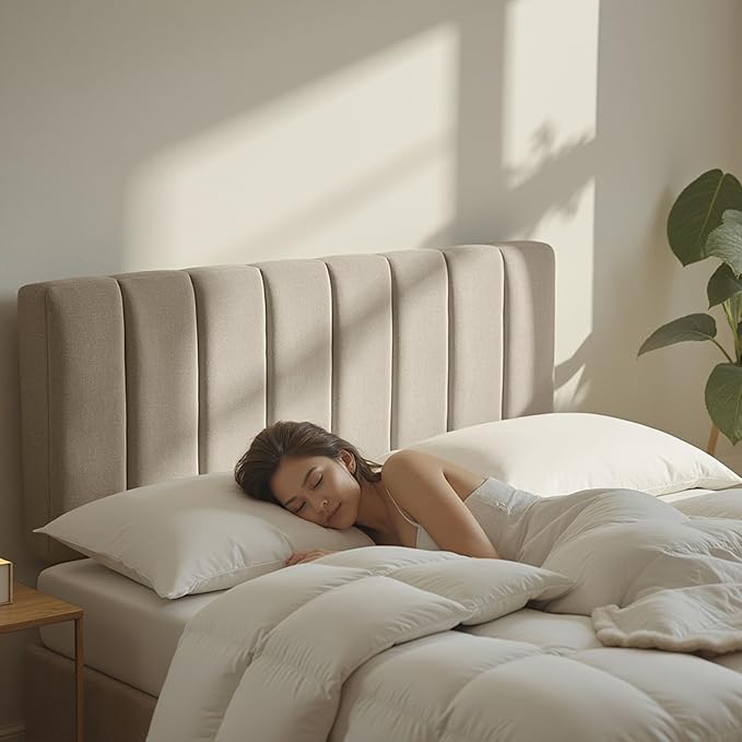 Upholstered Full Headboard - Easy Assemble Channel Stitched Headboard Full Size - Wall Mounted Headboards with 3D Soundproof Wall Panels Peel & Stick Floating Headboards, Beige