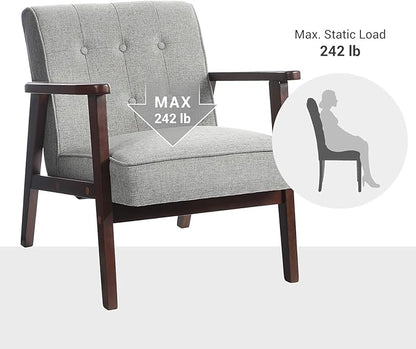 SONGMICS Accent Leisure Chair, Mid-Century Modern Arm Chair with Solid Wood Armrests and Legs, 1-Seat Cushioned Sofa for Living Room Bedroom Balcony Studio, Light Gray ULAC001G01