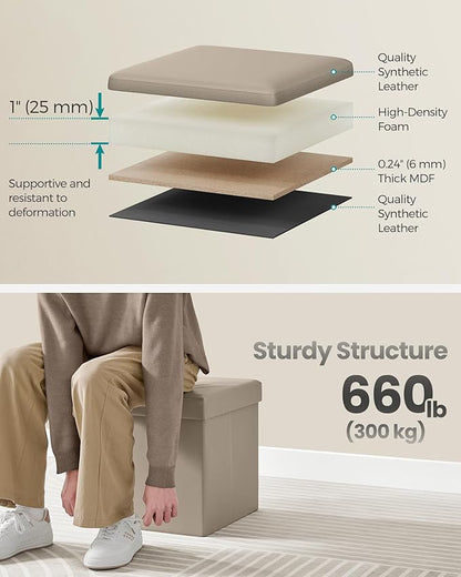 SONGMICS Mazie Collection - 15 Inches Ottoman with Storage, Footstool, Storage Ottoman, Load 660 lb, for Dorm, Living Room, Bedroom, Synthetic Leather, Camel Brown ULSF010K03