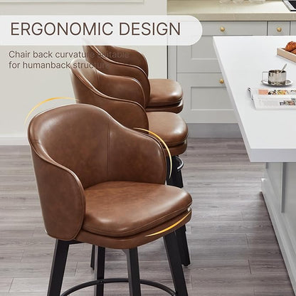 Counter Height Barstools 26 inch Upholstered Swivel Bar Stools with Back and Wood Legs for Kitchen Island,Set of 1,Brown PU Leather
