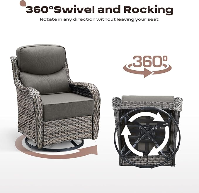 Rilyson Outdoor Patio Swivel Rocker Chairs Set of 2, Waterproof Wicker, High Back, Deep Seating, Wide Armrest, Upgraded 6 inch Thick Cushions, Side Table, Ideal for Deck Porch Yard, Mixed Grey-Grey