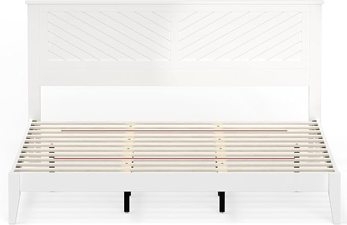 Serene Farmhouse Style Wood Bed in King Size with Chevron Scoring Headboard, Coastal Modern Design, Sturdy, Easy Assembly, Ample Underbed Storage, White Finish