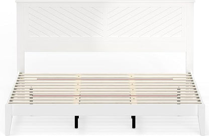 Serene Farmhouse Style Wood Bed in King Size with Chevron Scoring Headboard, Coastal Modern Design, Sturdy, Easy Assembly, Ample Underbed Storage, White Finish