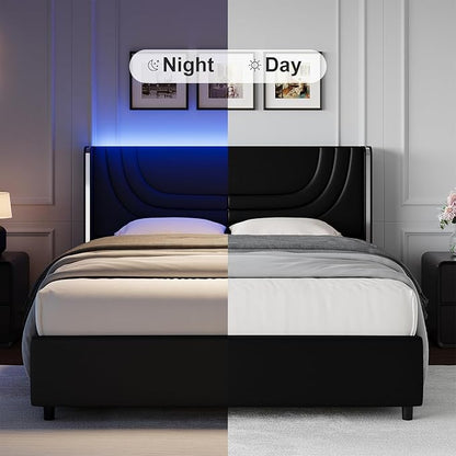 Queen Bed Frame with LED Lights, Faux Leather Upholstered Platform with Silver Wingback Headboard, Modern Style, No Box Spring Needed, Easy Assembly, Black