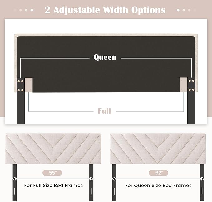 KOMFOTT Linen Fabric Upholstered Headboard for Full/Queen Size Bed, Rectangular Headboard with Solid Wood Legs & Adjustable Width, Padded Full/Queen Bed Headboard, Easy Assembly, Beige