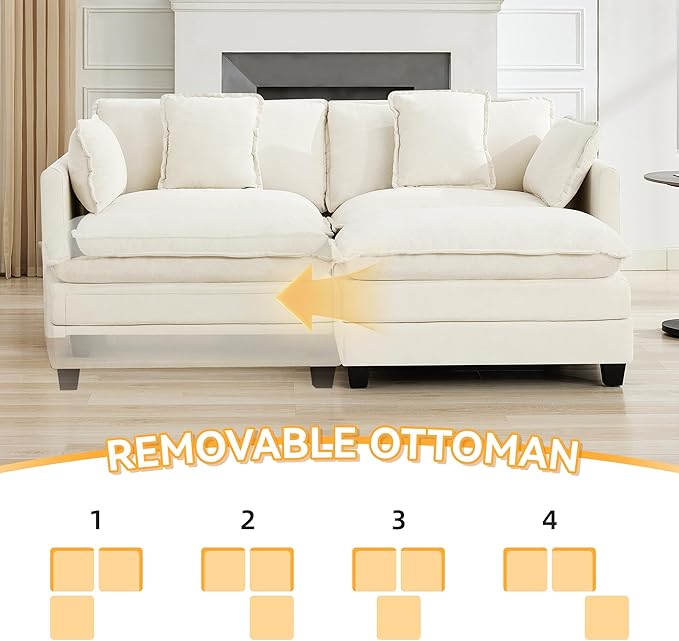 76'' Cloud Deep Seat Loveseat Sofa, Upholstered Chenille Modular 3-Seats Sectional Sofa Couch with Movable Ottoman, Modern Comfy Settee Loveseat for Living Room Set, Small Apartment, Beige