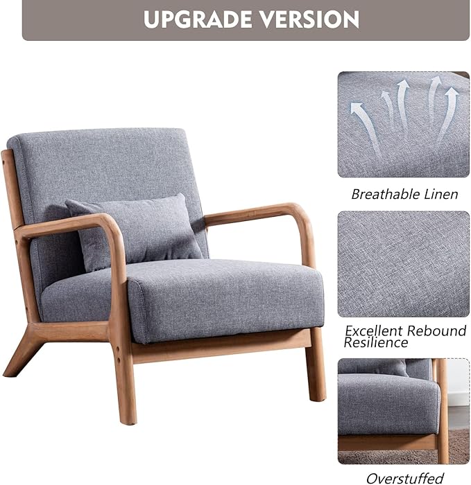 ANJ ANJHOME Mid Century Modern Accent Chairs Set of 2, Comfy Fabric Reading Chair with Solid Wood Frame, Easy Assembly Armchair for Living Room,Grey