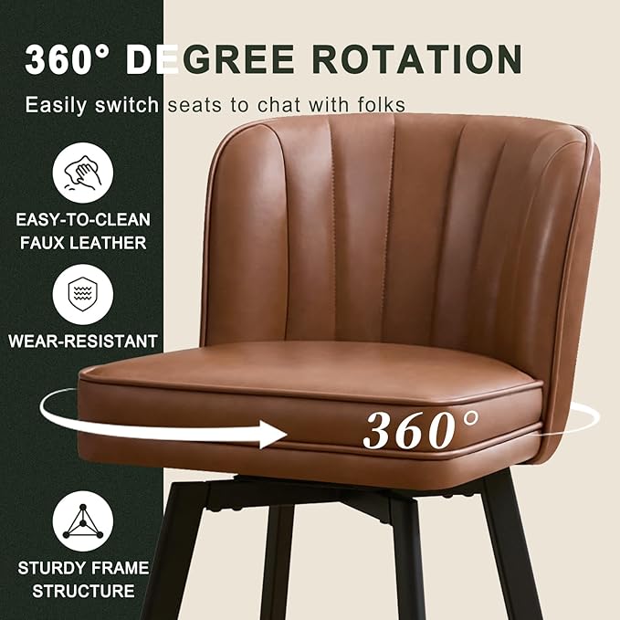 Swivel Counter Height Bar Stools Set of 3, 30'' Modern Barstools with Backs and Metal Legs, Upholstered Bar Chairs, Faux Leather Dark Brown Stools for Kitchen Island Chairs
