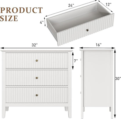RoyalCraft Large 3 Drawer Dresser Set of 2, Fluted Wood Chest of Drawers with Storage, Modern Painted 30 inch Wide Nightstand for Bedroom Living Room Entryway, White