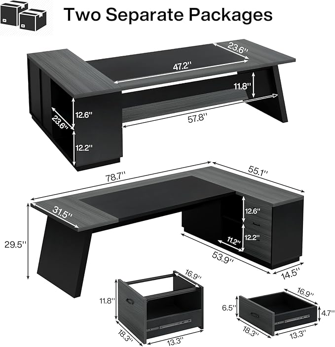 Tribesigns L-Shaped Executive Desk, 78-Inch Modern Office Desk with Drawers and Lateral File Cabinet, Large Bussiness Furniture with Storage Shelves, Workstation for Home Office (Grey + Black)
