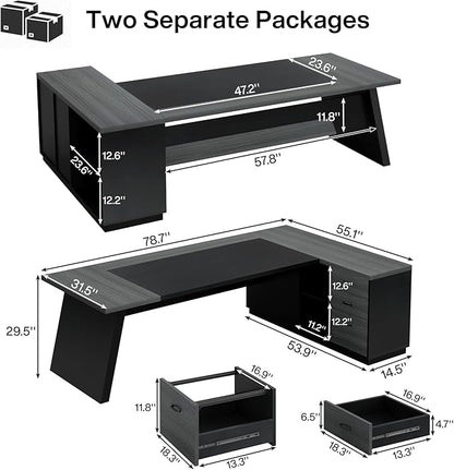 Tribesigns L-Shaped Executive Desk, 78-Inch Modern Office Desk with Drawers and Lateral File Cabinet, Large Bussiness Furniture with Storage Shelves, Workstation for Home Office (Grey + Black)