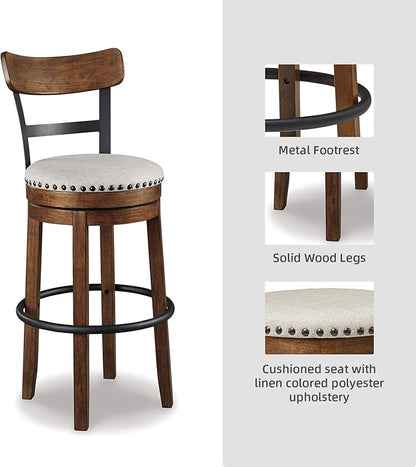 Signature Design by Ashley Valebeck | 30″ Farmhouse Pub-Height Swivel Barstool With Back – Upholstered Cushion, Nailhead Trim, Metal & Wood Frame, Brown
