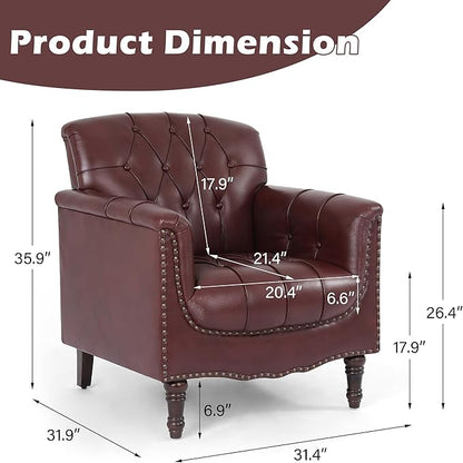 Faux Leather Accent Chairs Set of 4, Upholstered Armchairs with Nailhead Trims & Wood Legs for Living Room, Bedroom, Contemporary Comfy Club Chairs for Office-Dark Red
