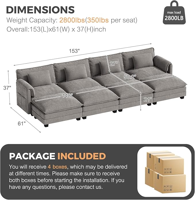 ELUCHANG Oversized 153" Modular Sectional Sofa, Comfy Deep Seat Cloud Couch, Sleeper Sofa Bed, 8 Seat Modern Couch with Removable Cover for Living Room, Apartment, DIY Combination, Chenille Light Grey