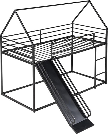 Twin Over Twin Bunk Bed with Slide,House Shaped Bedframe w/Ladder, Heavy Duty Low Bunk Bed Frame with Guardrail,No Box Spring Needed & Easy Assemble(Black)
