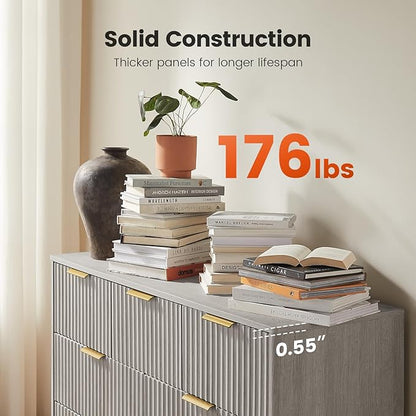 Amada Modern 7 Drawer Dresser, Fluted Wood Chest of Drawers with Rounded Corners, Pre-Installed Drawer Slides, Dresser TV Stand and Storage Organizer for Bedroom, Hallway, Grey