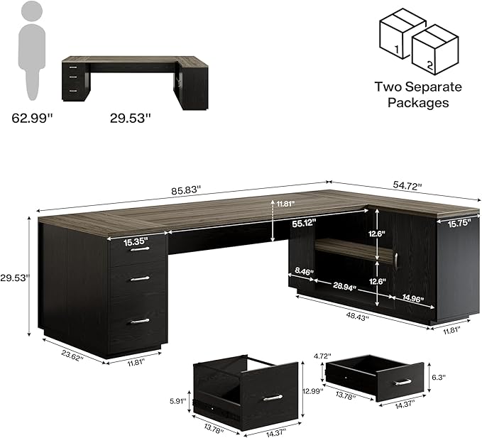 Tribesigns 85.8-Inch L-Shaped Executive Desk with File Drawers, Door Cabinet & Shelves, Extra Large Commercial Office Desk, Modern Professional Office Table Business Furniture, Grey & Black