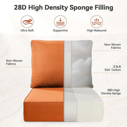 Luxury 6" Outdoor Cushions for Patio Furniture, 24x24x6" Thick Seat Cushion Set, Fade Resistant Couch Chair Replacement Cushions High Density Deep Wicker Chair Cushion with Removable Cover, Orange