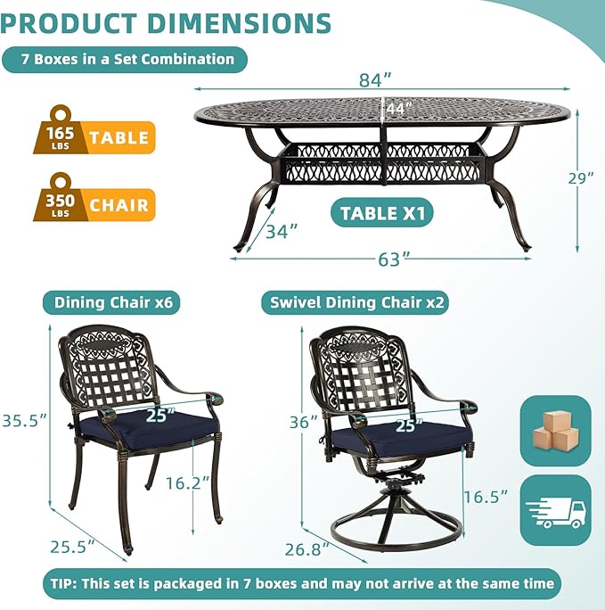 MEETWARM 9-Piece Outdoor Patio Dining Set, All-Weather Cast Aluminum Patio Conversation Set with 6 Stationary, 2 Swivel Rocker Chairs, 1 Oval Table, 8 Cushions, 2" Umbrella Hole, Navy Blue