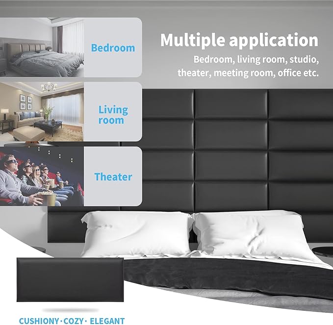 Art3d Peel and Stick Black King Headboard, 12-Pack Upholstered Headboard for Queen, Full-Size Bed, Padded Wall Panel