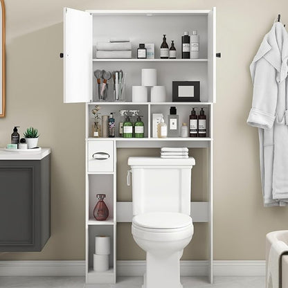 Vabches Over The Toilet Storage Cabinet, Rattan Storage Cabinet Over Toilet with 2 Doors & Toilet Paper Holder Stand, Freestanding Toilet Shelf Space Save with Anti-Tip Design Adjustable Shelf, White