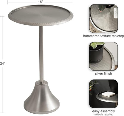 Kate and Laurel Sanzo Modern Pedestal Side Table; 15 x 15 x 24; Antique Silver; Decorative End Table with Hammered Tabletop for Use as a Bedroom Nightstand or Living Room Accent Table
