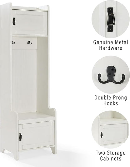 Crosley Furniture Fremont Hall Tree with Storage Cabinets and Coat Rack Hooks for Hanging, Distressed White