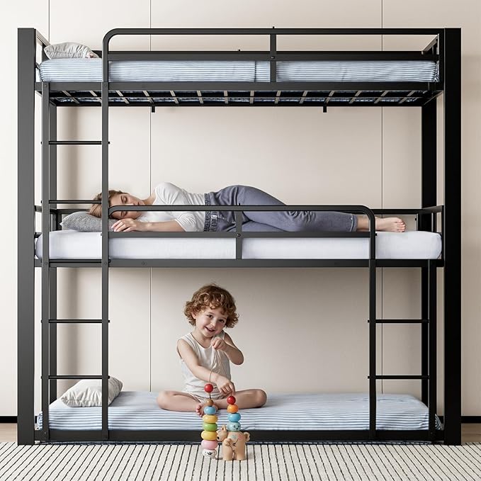Metal Triple Bunk Bed, Twin Over Twin Over Twin Heavy Duty Bunkbeds, Full-Length Guardrail Family-Friendly for All Ages, Bedroom, No Box Spring Needed, Easy Assembly, Black