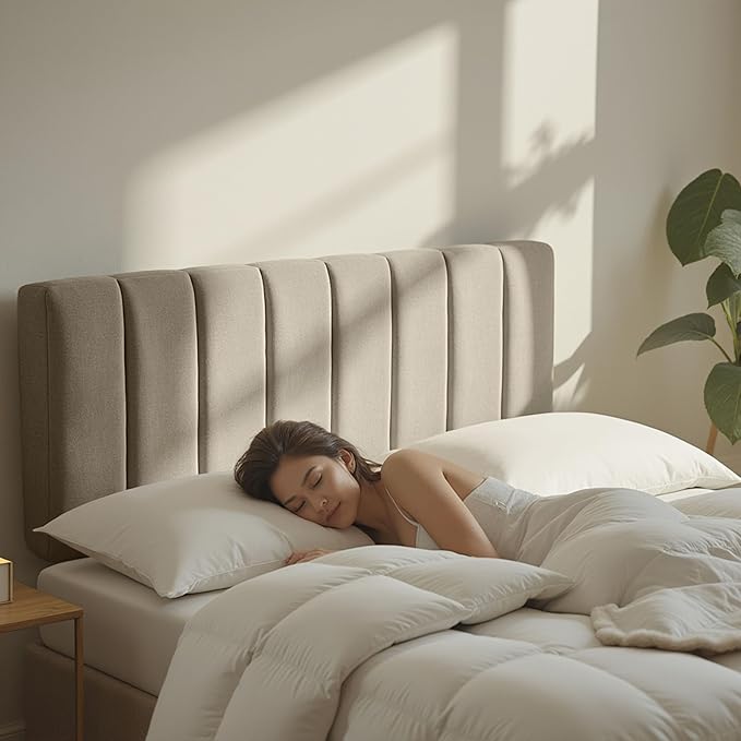 Hearth & Harbor Upholstered Twin Headboard - Easy Assemble Channel Stitched Headboard Twin Size - Wall Mounted Headboards with 3D Soundproof Wall Panels Peel & Stick Floating Headboards, Linen