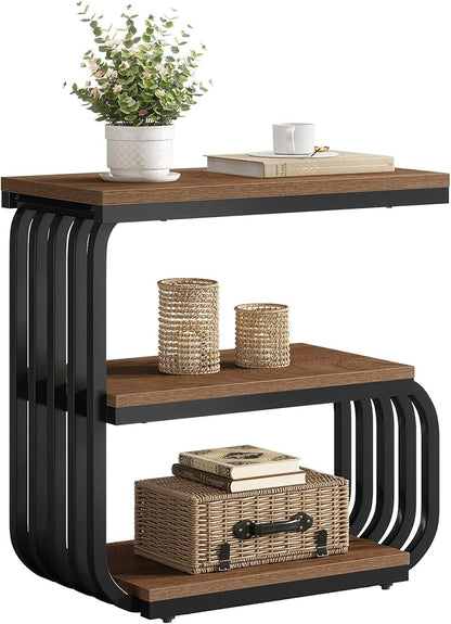 Tribesigns Small End Table, Narrow Side or Bedside Stand, 3 Tier Design Accent Table with Metal Frame, Industrial Vintage Nightstand for Living Room, or Small Spaces (1, Brown)
