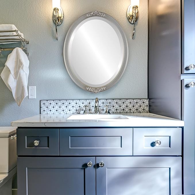 OVALCREST Oval Beveled Wall Mirror for Home Decor - Athena Style - Silver Shade - 18" x 14" Outside Dimensions