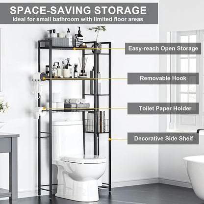 31.5" Wide Over The Toilet Storage, Solid Wood Over Toilet Bathroom Organizer with Paper Holder, Hooks, Side Shelf, 7-Tier Metal Over Toilet Shelves Rack for Laundry, Dorm Room, Balcony, Black